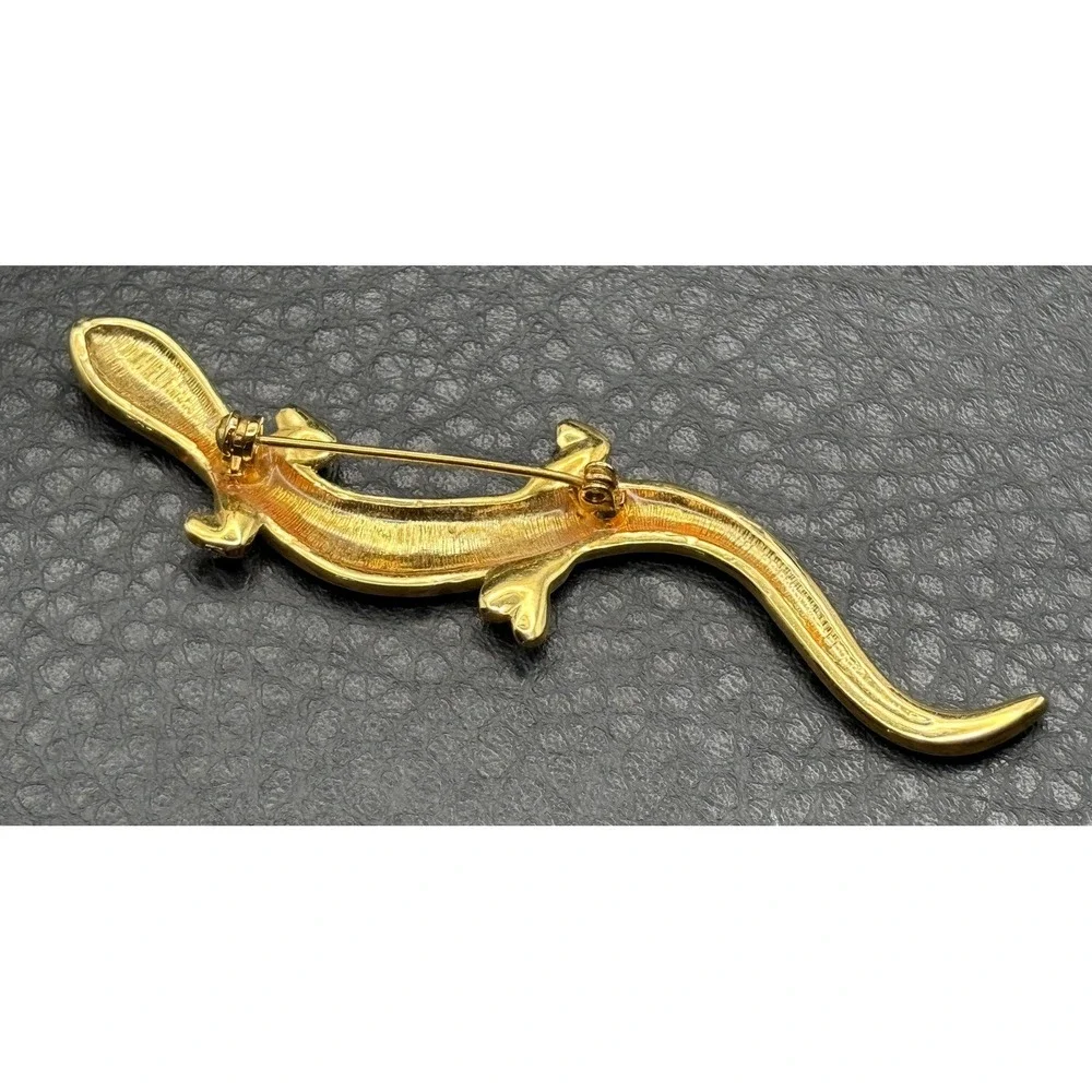 Vintage Red Green Enamel Rhinestone Crystal Lizard Salamander Brooch Pin